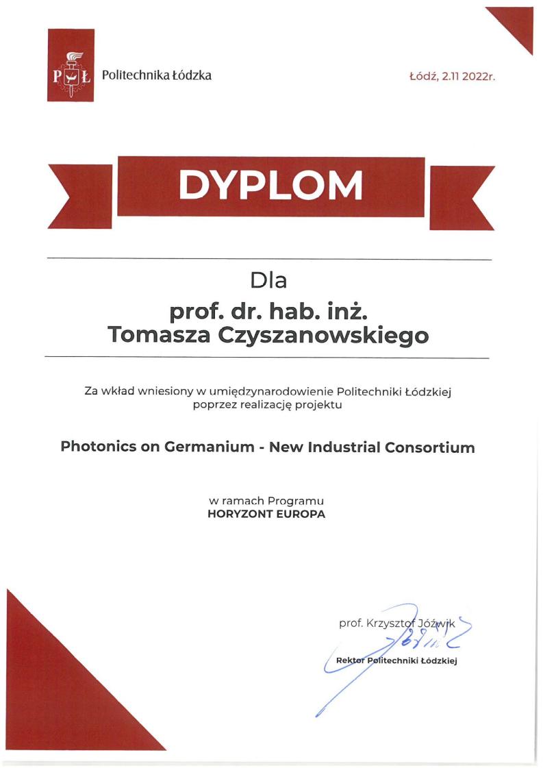Dyplom za projekt „Photonics on Germanium - New Industrial Consortium”